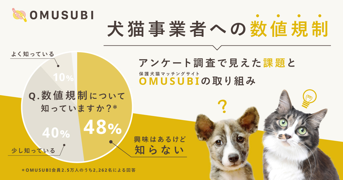 プレスリリース 6月施行目前の数値規制 興味はあるがよく知らない 人が５割 Omusubiアンケートから見えた保護団体 飼い主の期待と懸念 株式会社petokoto ペトコト